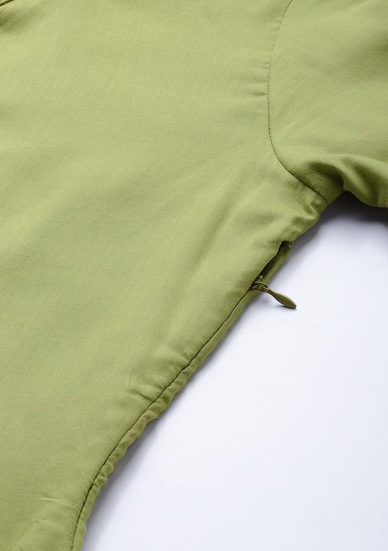 Green Solid Poly Blend A-Line Kurta