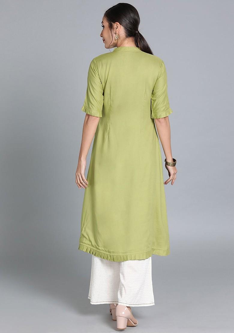 Green Solid Poly Blend A-Line Kurta