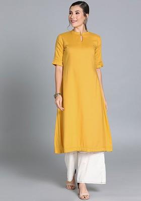 Mustard Solid Poly Blend A-Line Kurta