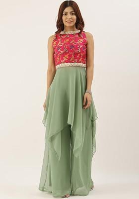 Red Floral Embroidered Poly Blend A-Line Kurta