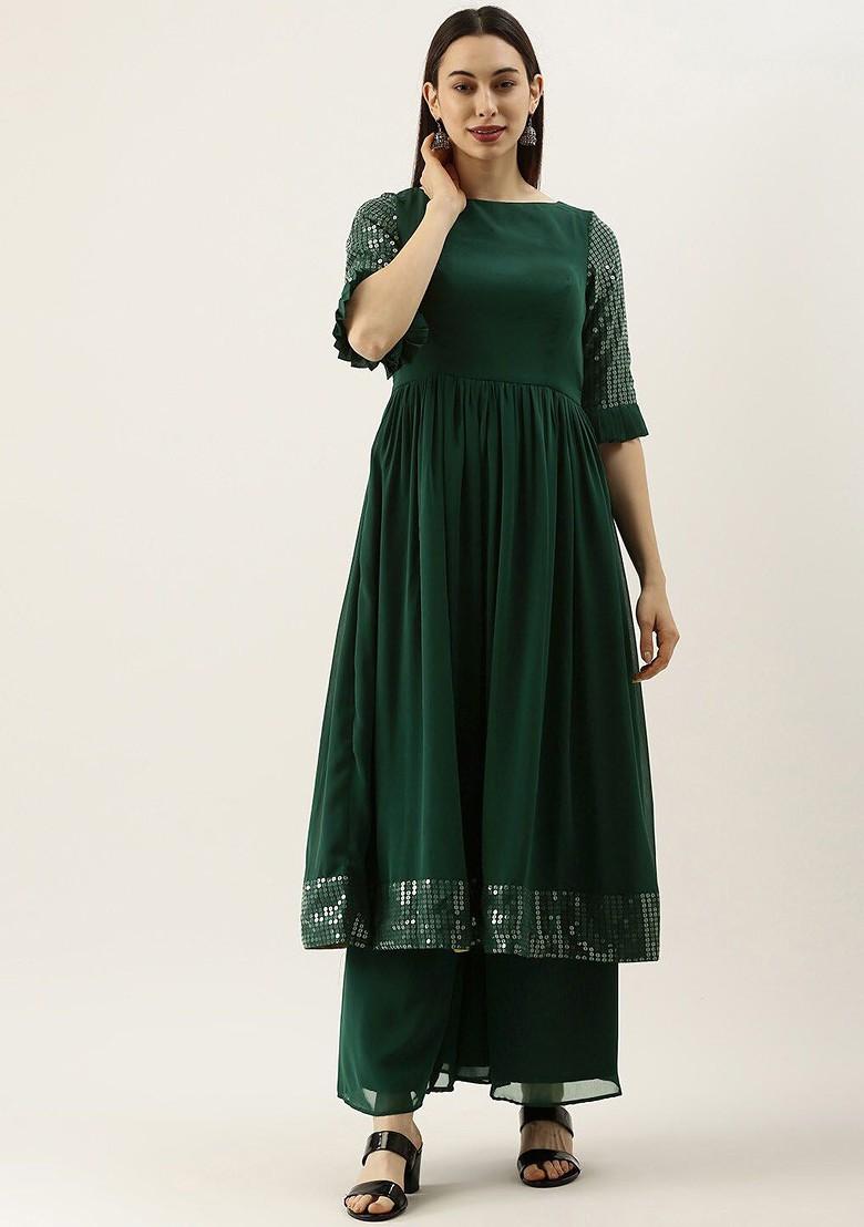 Green Sequin Embroidered Poly Blend Anarkali Kurta