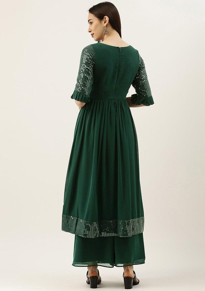 Green Sequin Embroidered Poly Blend Anarkali Kurta