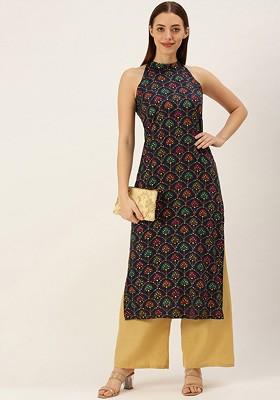 Blue Ethnic Motifs Printed Poly Blend Straight Kurta