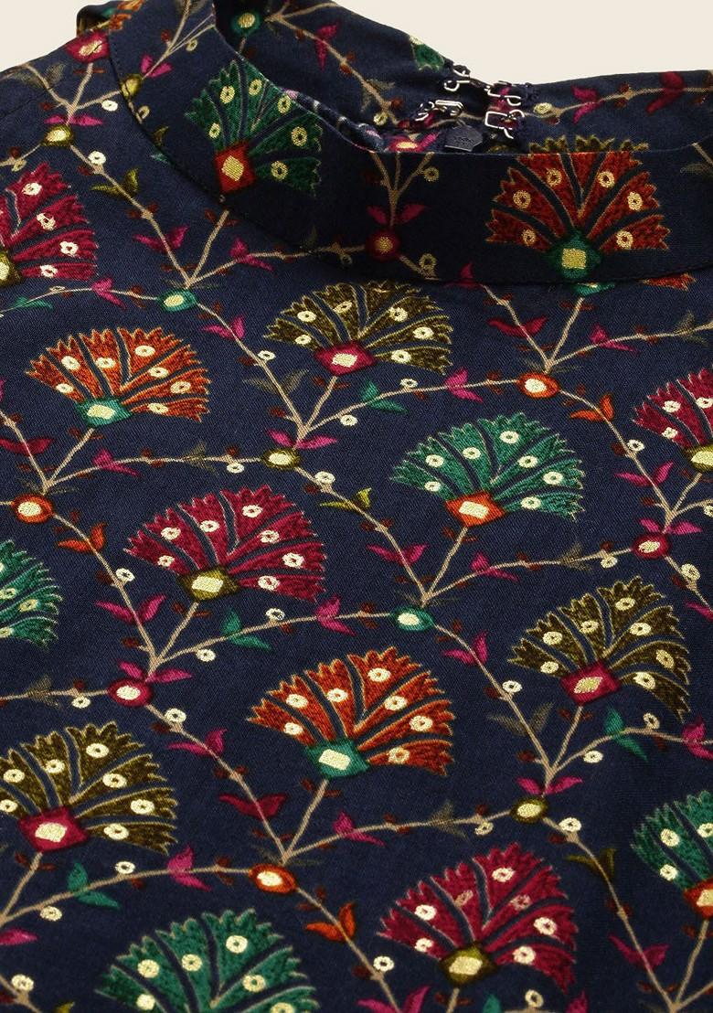 Blue Ethnic Motifs Printed Poly Blend Straight Kurta
