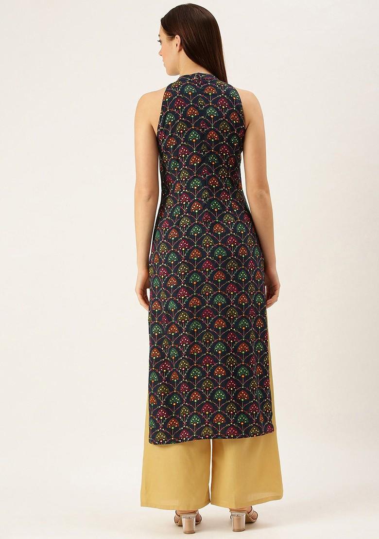 Blue Ethnic Motifs Printed Poly Blend Straight Kurta