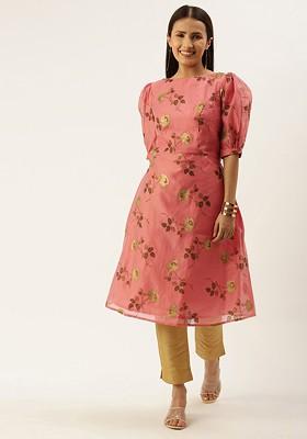 Pink Floral Print Poly Blend Anarkali Kurta