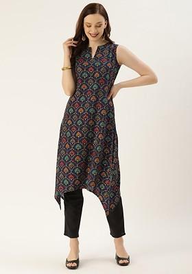 Navy Blue Ethnic Motifs Printed Poly Blend Straight Kurta
