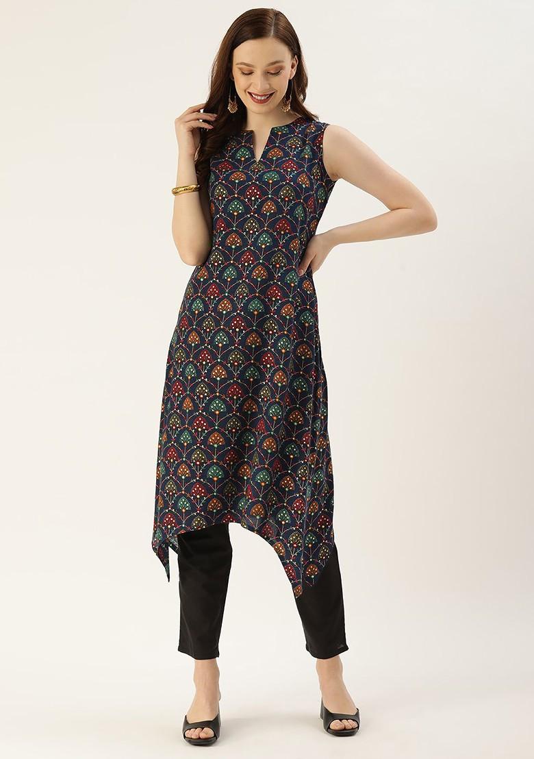 Navy Blue Ethnic Motifs Printed Poly Blend Straight Kurta