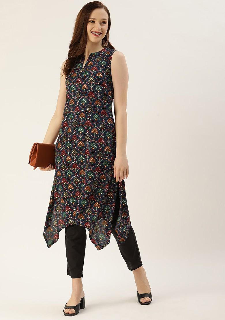 Navy Blue Ethnic Motifs Printed Poly Blend Straight Kurta