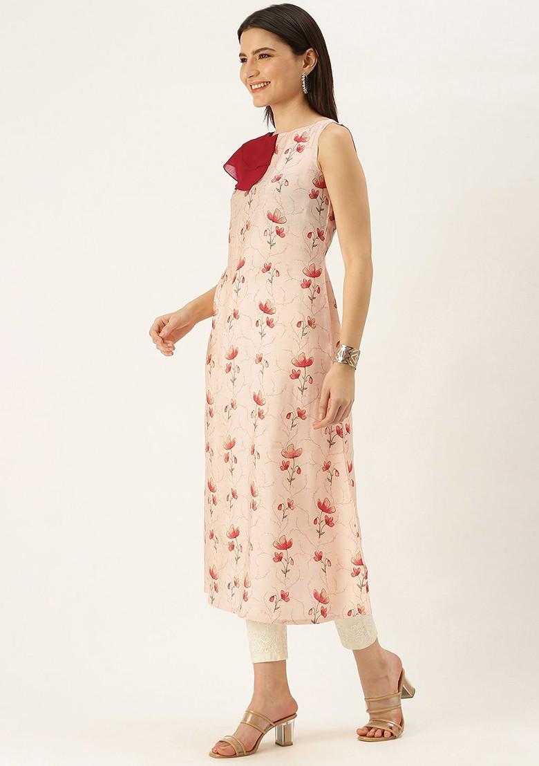 Off White Floral Print Poly Blend Kurta