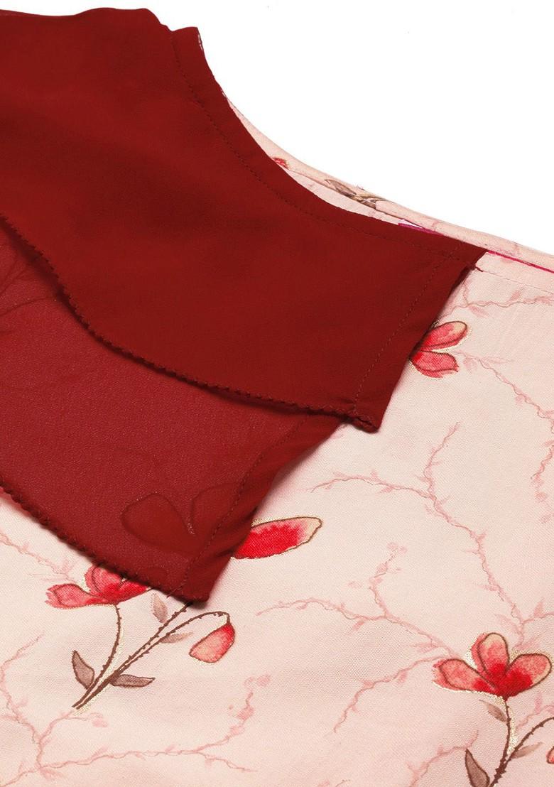 Off White Floral Print Poly Blend Kurta