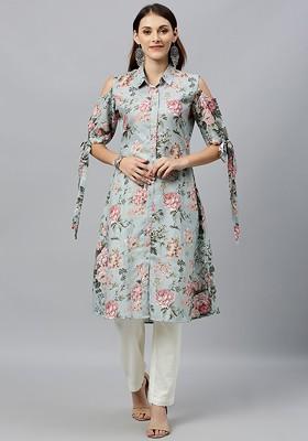 Green Floral Print Poly Blend A-Line Kurta