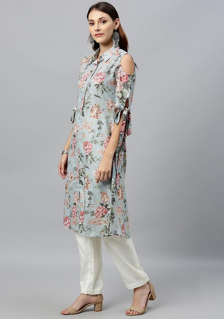 Green Floral Print Poly Blend A-Line Kurta