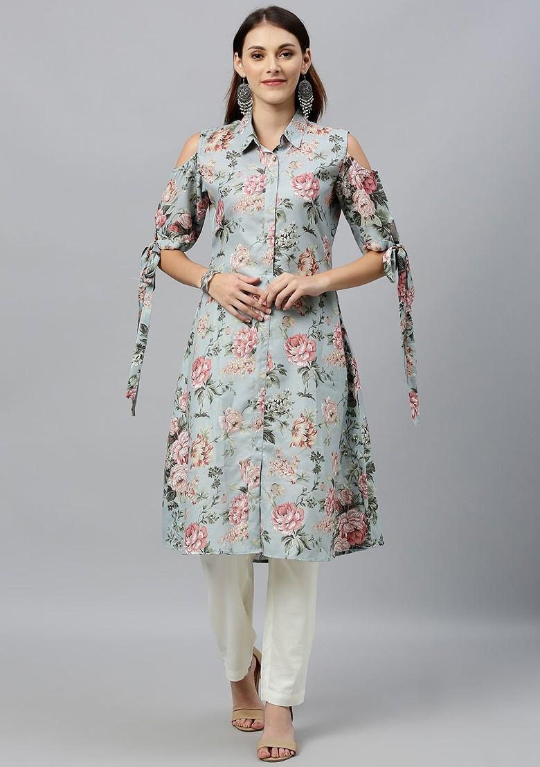 Green Floral Print Poly Blend A-Line Kurta