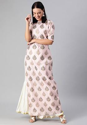 Pink Foil Print Poly Blend Straight Kurta