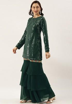 Green Sequin Embroidered Poly Blend Straight Kurta