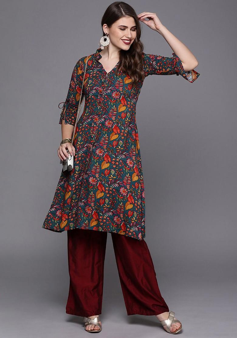 Blue Printed Poly Blend A-Line Kurta