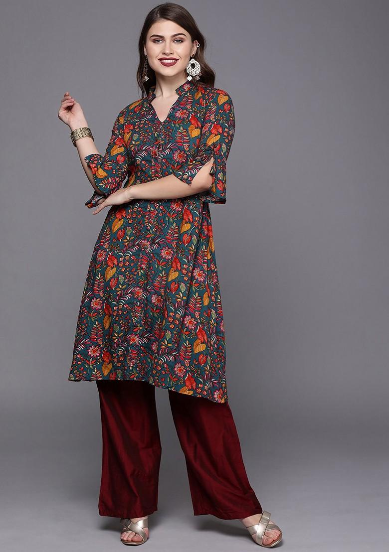 Blue Printed Poly Blend A-Line Kurta