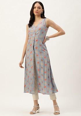Blue Ethnic Motifs Printed Poly Blend Kurta