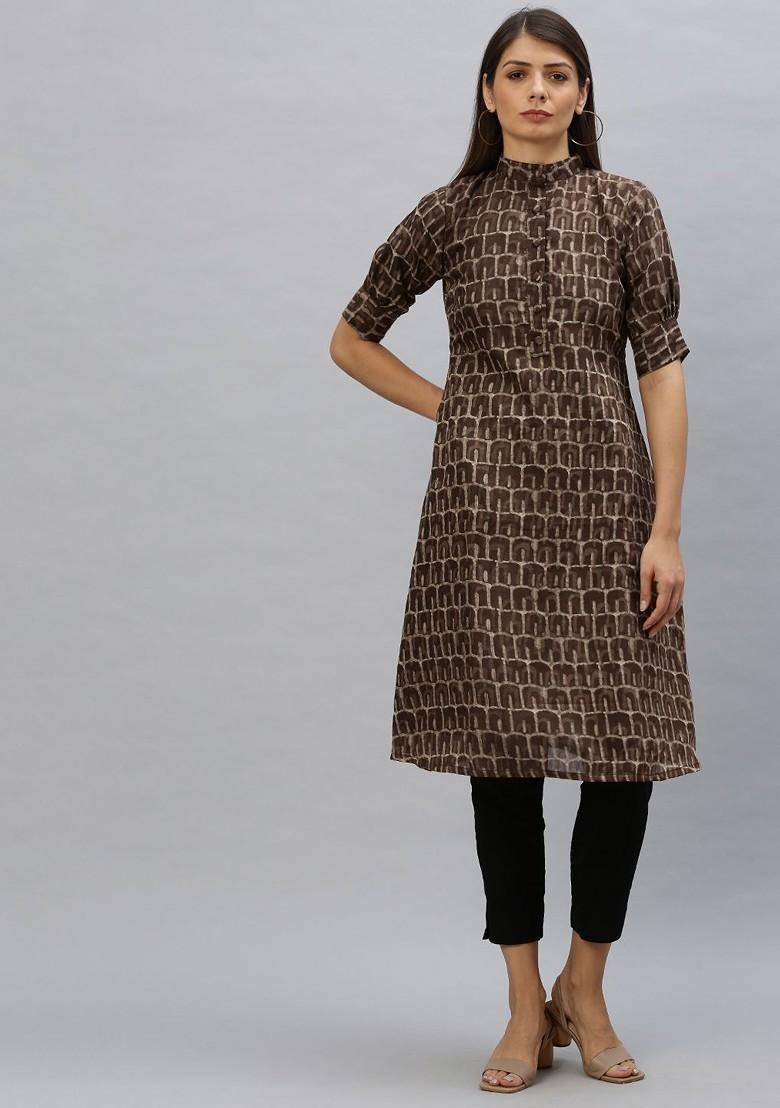 Brown Printed Poly Blend A-Line Kurta