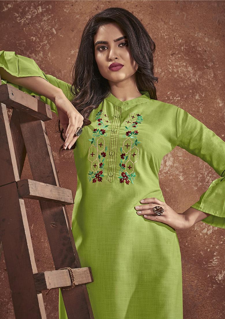 Light Green Embroidered Cotton Kurta