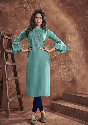Blue Embroidered Cotton Kurta