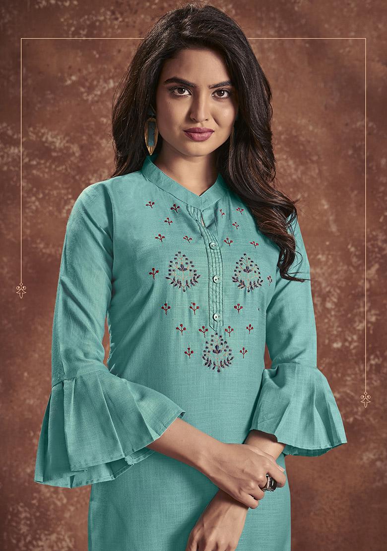 Blue Embroidered Cotton Kurta