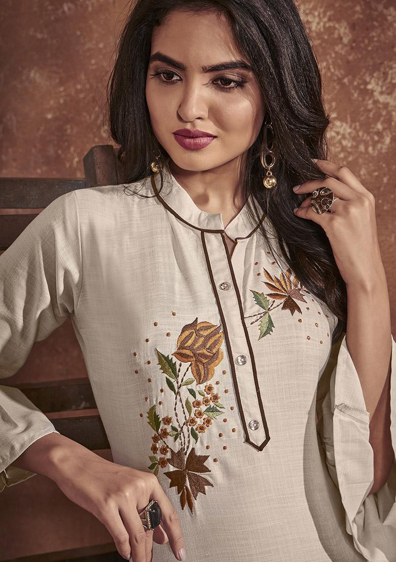 Cream Embroidered Cotton Kurta