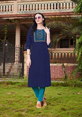Royal Blue Embroidered Cotton Kurta