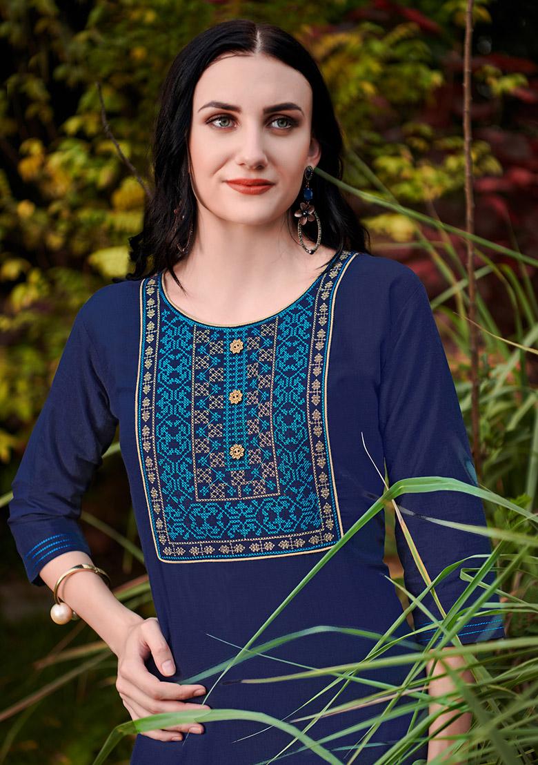 Royal Blue Embroidered Cotton Kurta