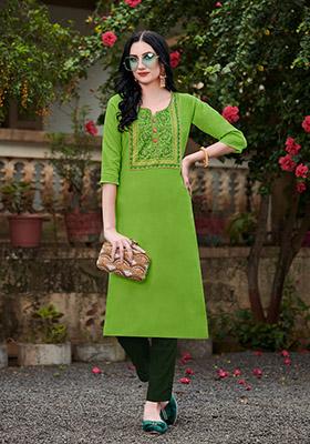 Green Embroidered Cotton Kurta