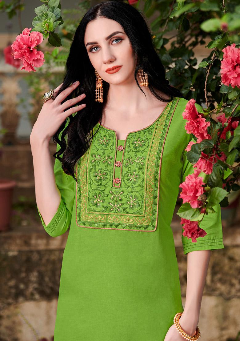 Green Embroidered Cotton Kurta