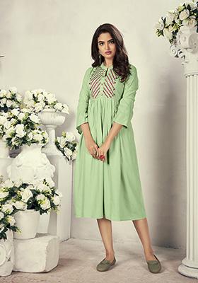 Pista Green Embroidered Rayon Kurta