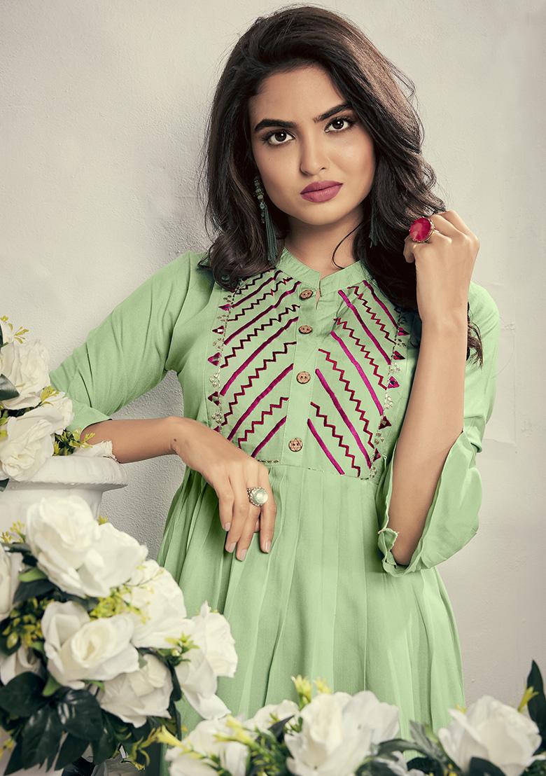Pista Green Embroidered Rayon Kurta