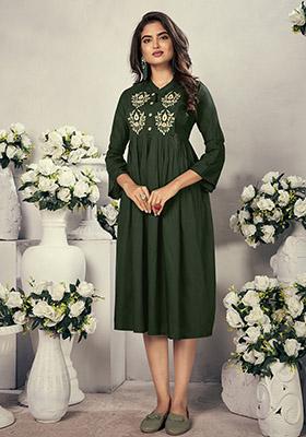 Green Embroidered Rayon Kurta