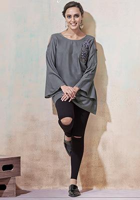 Grey Embroidered Rayon Kurta