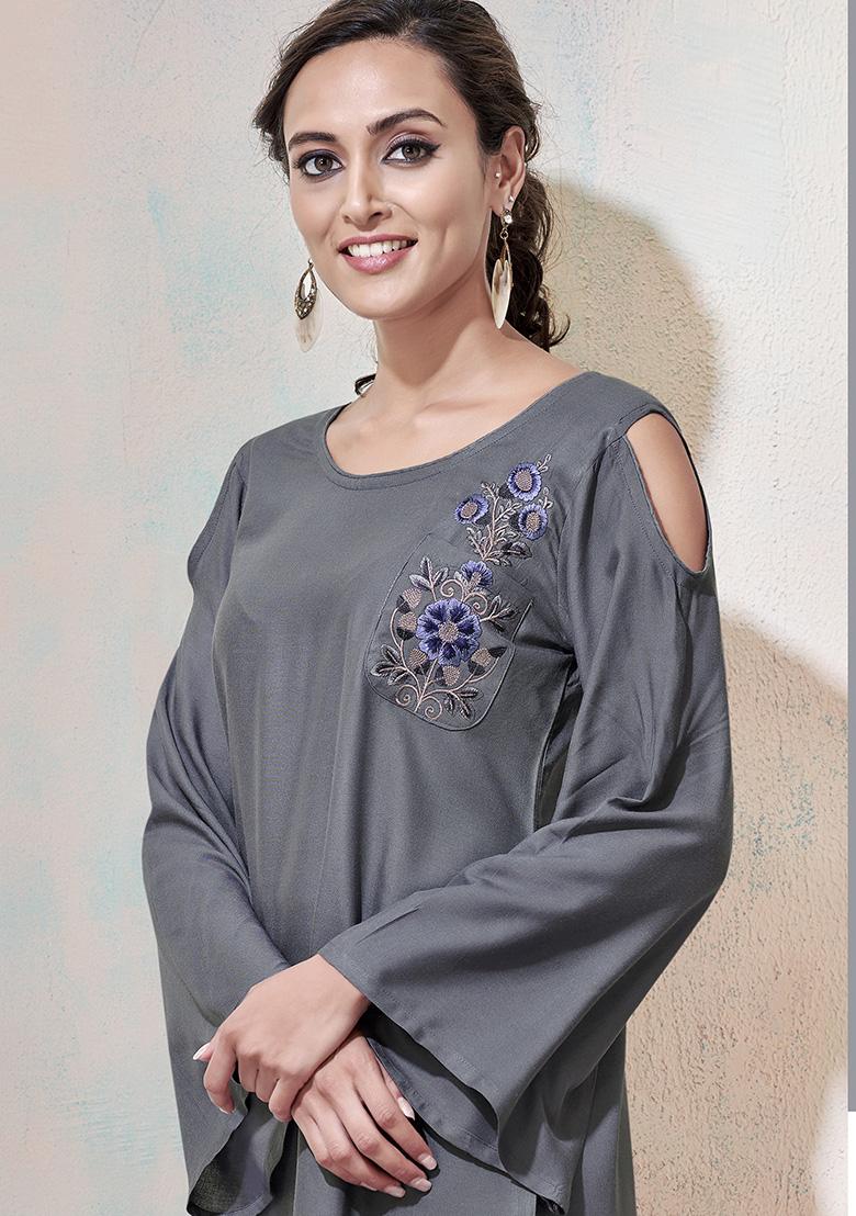 Grey Embroidered Rayon Kurta