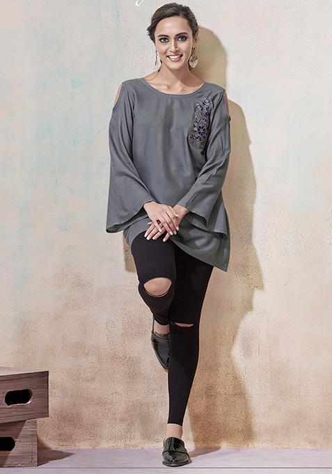 Grey Embroidered Rayon Kurta