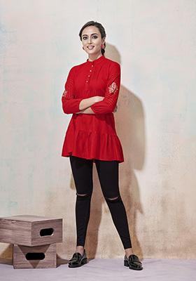 Red Embroidered Rayon Kurta