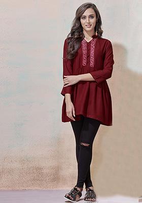 Maroon Embroidered Rayon Kurta