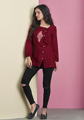 Maroon Embroidered Rayon Kurta
