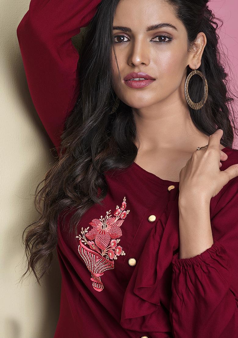 Maroon Embroidered Rayon Kurta