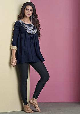 Navy Blue Embroidered Rayon Kurta