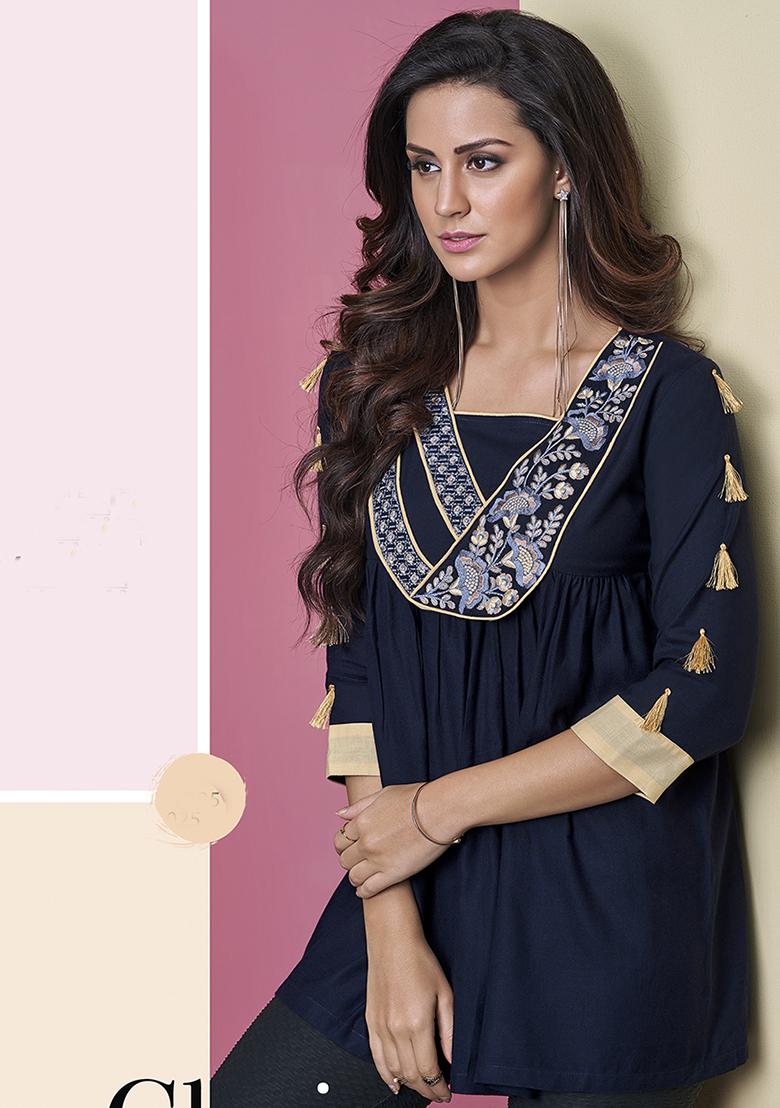 Navy Blue Embroidered Rayon Kurta