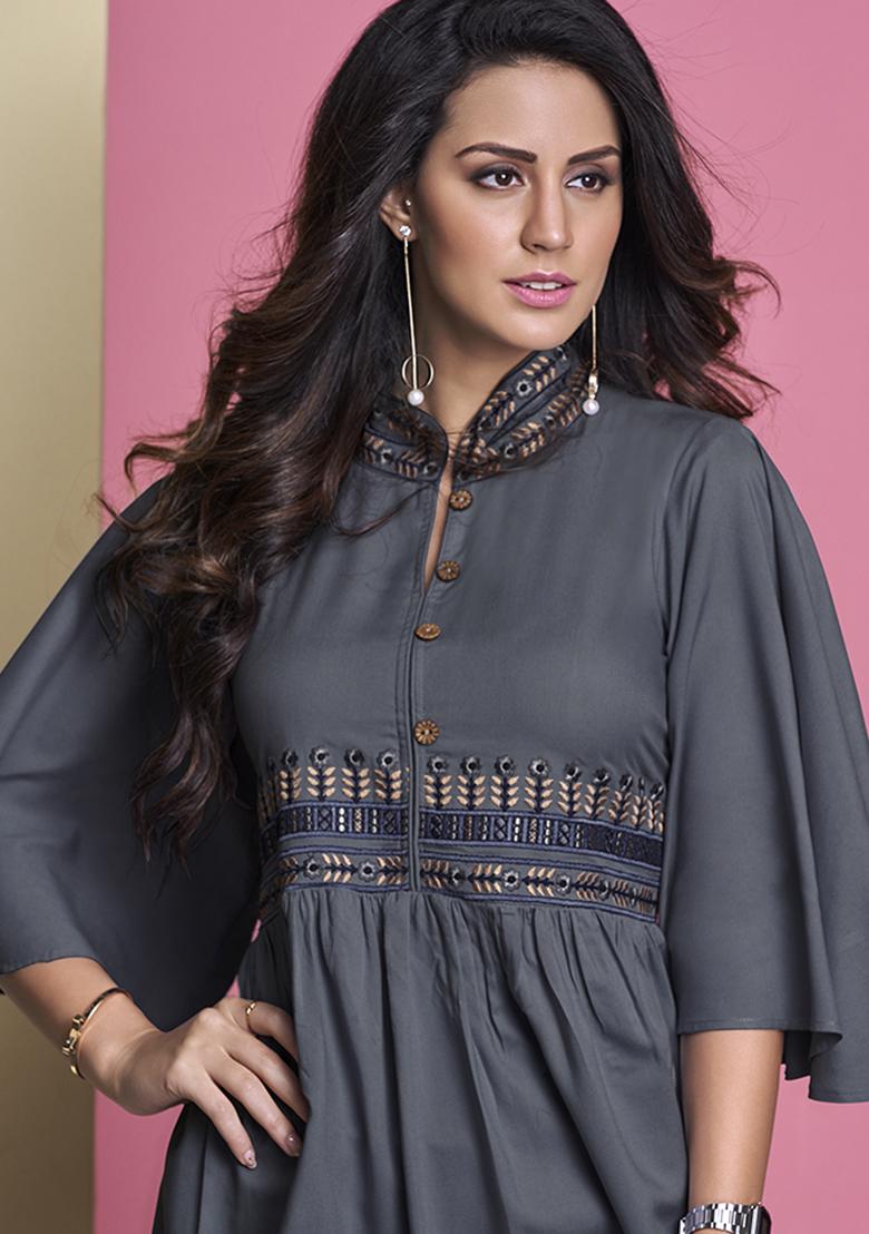 Grey Embroidered Rayon Kurta