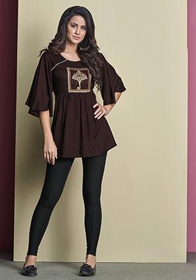 Brown Embroidered Rayon Kurta