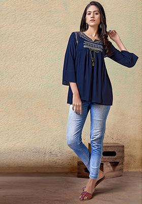 Navy Blue Embroidered Rayon Kurta