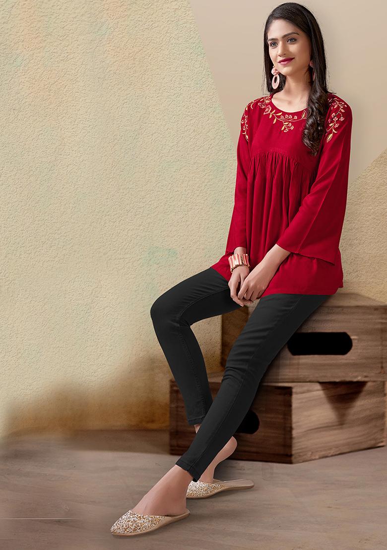 Red Embroidered Rayon Kurta