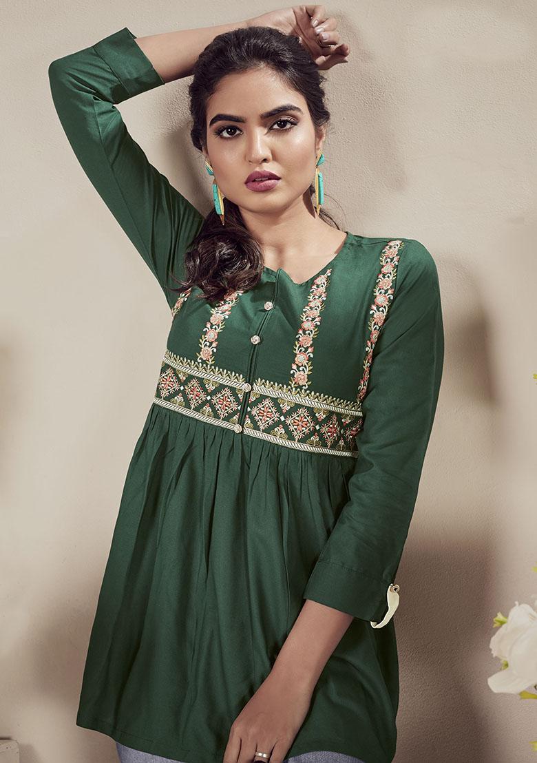 Green Embroidered Rayon Kurta