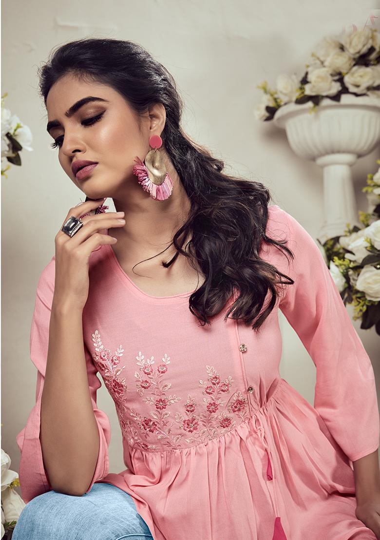 Light Pink Embroidered Rayon Kurta